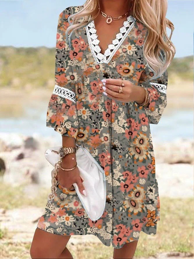 Vestido de fiesta informal bohemio con escote en V y encaje cosido con estampado europeo y americano