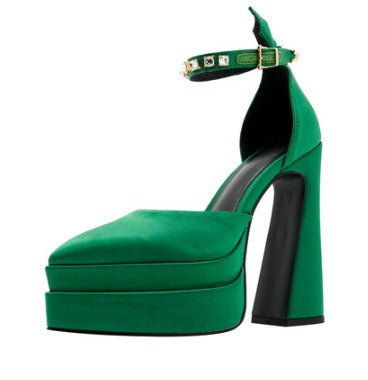 Rhinestone Sandals, Thick Soled Silk Satin, Mary Jane Shoes, Womens Thick Heeled Platform, Straight Line With High Heels