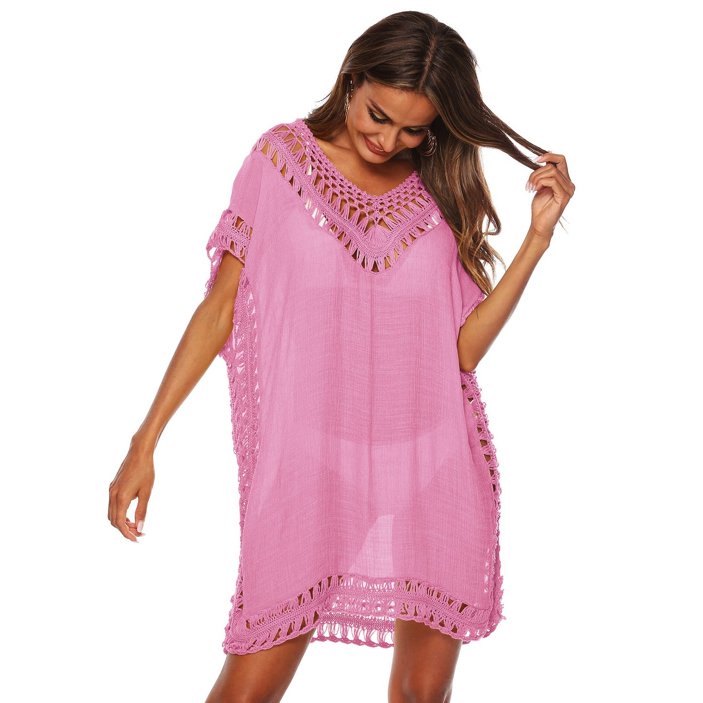 Vestido playero holgado con escote en V, estilo europeo y americano, con costuras con ganchos