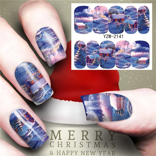 Christmas Water Nail Stickers Transfer Decals Sliders Snowman Deer Halloween Gel Polish Wraps Nail Decor