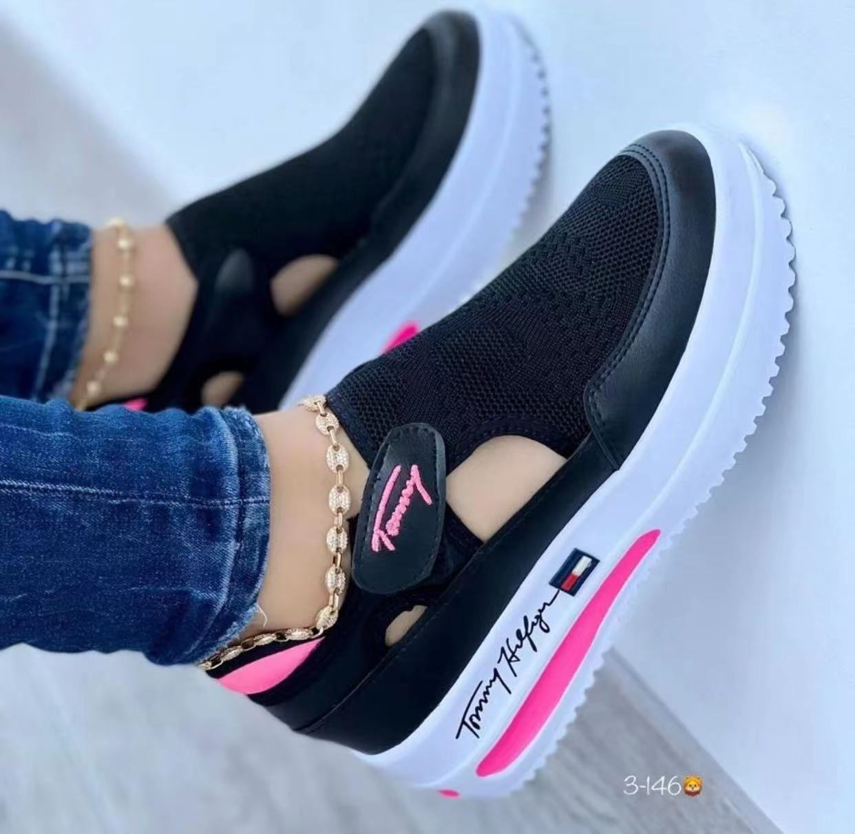 Zapatos casuales de mujer con cuña tejida de malla con velcro