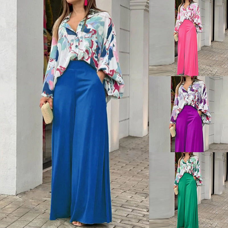 European and American womens printed shirt, elegant and wide leg pants, fashionable and casual set