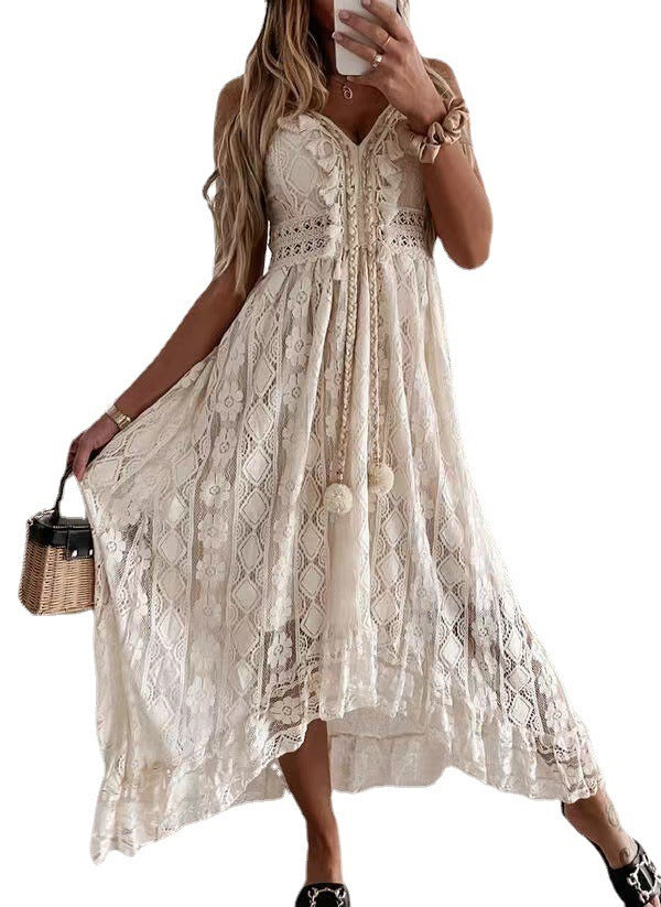 New European and American Fashion Strap Lace Large Swing Waist Long Dress