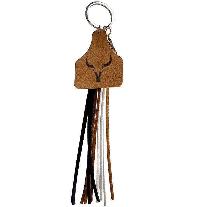 Western Cowboy Loss Prevention Device Aztec Bullhead Bull Brand Leather Keychain Leather Tassel Popular Pendant