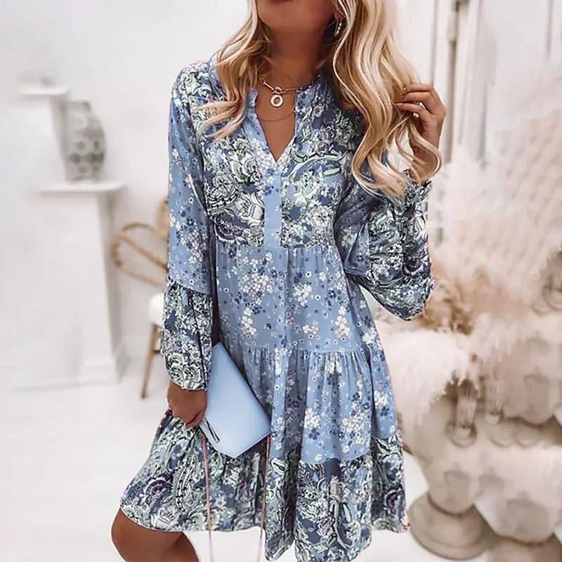 New Women's Print Stitched Skirt Layered Mini Dress New Long Sleeve Women's V-Neck Temperament Large Dress