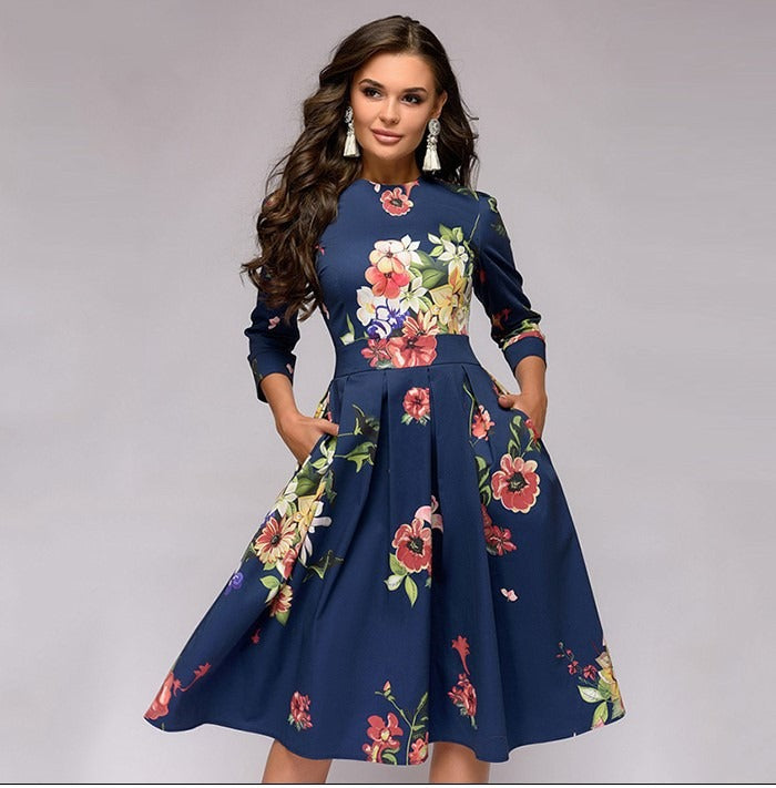 Vestido de fiesta de estilo retro con pequeñas flores fragmentadas y mangas 7/4 con cuello redondo para mujer de estilo occidental para otoño e invierno