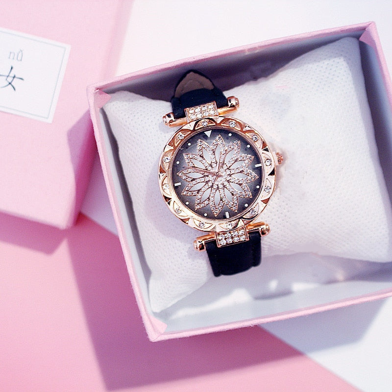 Reloj de mujer con diseño de cielo estrellado, relojes de lujo con diamantes en oro rosa, reloj de pulsera de cuarzo con correa de cuero informal para mujer, reloj femenino zegarek damski