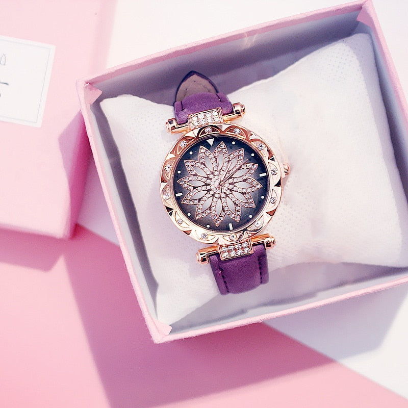 Reloj de mujer con diseño de cielo estrellado, relojes de lujo con diamantes en oro rosa, reloj de pulsera de cuarzo con correa de cuero informal para mujer, reloj femenino zegarek damski