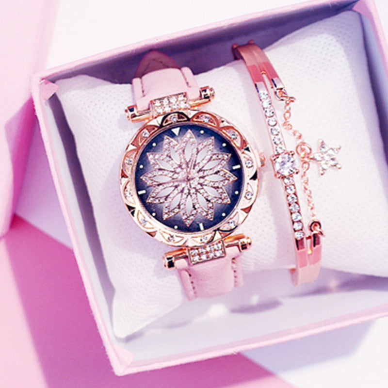 Reloj de mujer con diseño de cielo estrellado, relojes de lujo con diamantes en oro rosa, reloj de pulsera de cuarzo con correa de cuero informal para mujer, reloj femenino zegarek damski