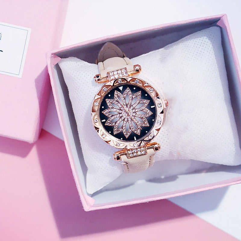 Reloj de mujer con diseño de cielo estrellado, relojes de lujo con diamantes en oro rosa, reloj de pulsera de cuarzo con correa de cuero informal para mujer, reloj femenino zegarek damski