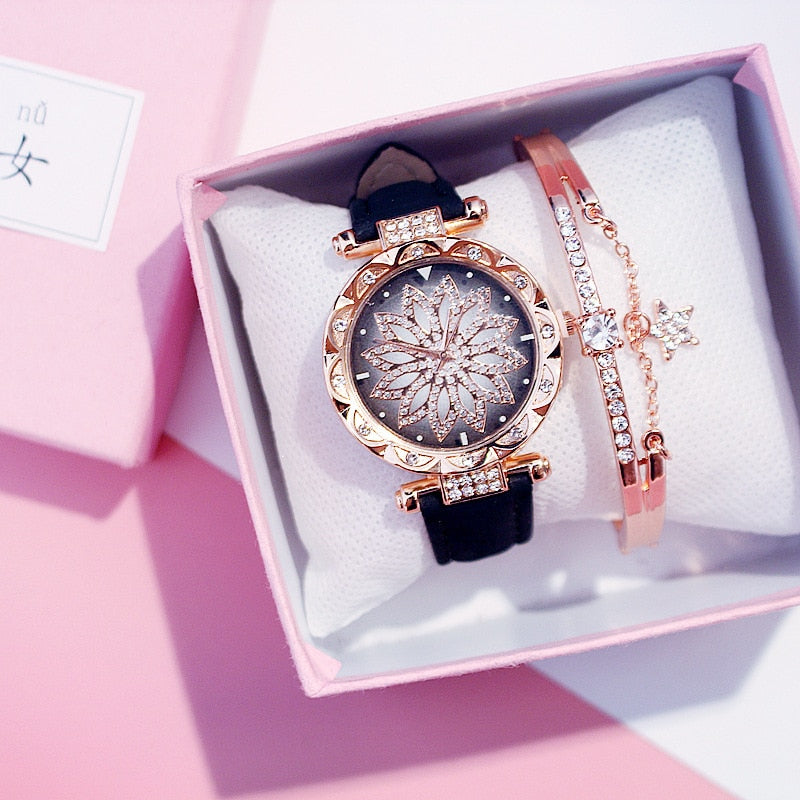 Reloj de mujer con diseño de cielo estrellado, relojes de lujo con diamantes en oro rosa, reloj de pulsera de cuarzo con correa de cuero informal para mujer, reloj femenino zegarek damski