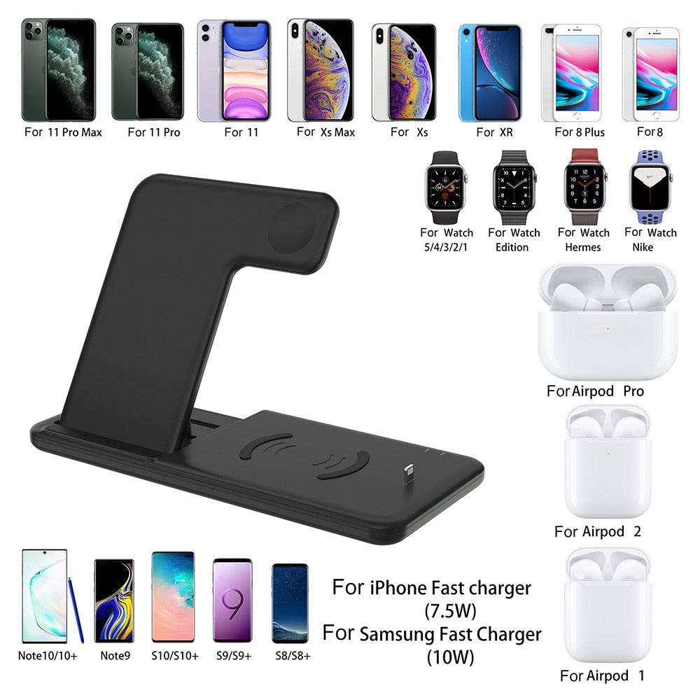 15W Qi Fast Wireless Charger Stand For iPhone 11 XR X 8 Apple Watch 4 in 1 Foldable Charging Dock Station