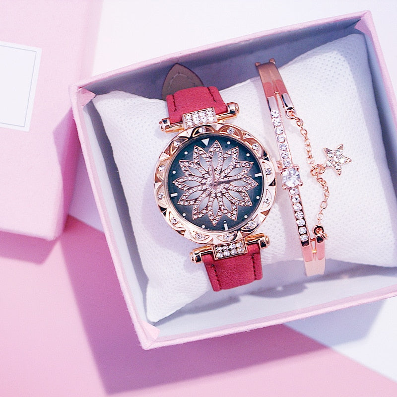 Reloj de mujer con diseño de cielo estrellado, relojes de lujo con diamantes en oro rosa, reloj de pulsera de cuarzo con correa de cuero informal para mujer, reloj femenino zegarek damski