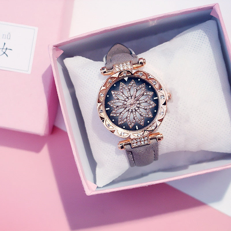 Reloj de mujer con diseño de cielo estrellado, relojes de lujo con diamantes en oro rosa, reloj de pulsera de cuarzo con correa de cuero informal para mujer, reloj femenino zegarek damski