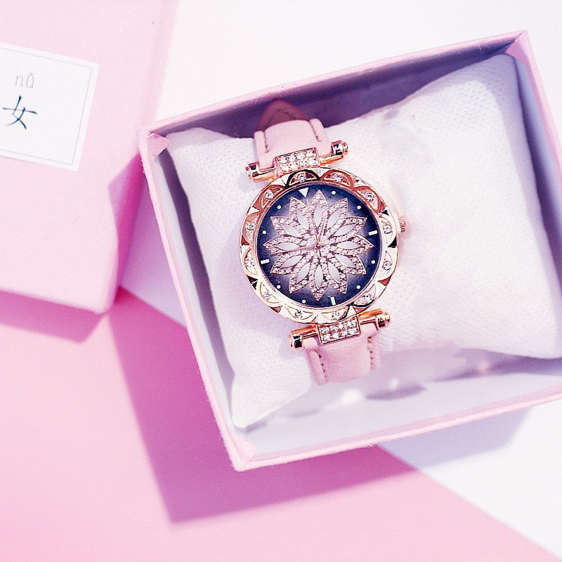 Reloj de mujer con diseño de cielo estrellado, relojes de lujo con diamantes en oro rosa, reloj de pulsera de cuarzo con correa de cuero informal para mujer, reloj femenino zegarek damski