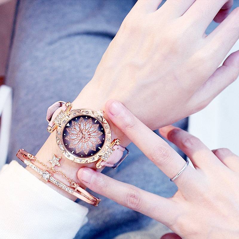 Reloj de mujer con diseño de cielo estrellado, relojes de lujo con diamantes en oro rosa, reloj de pulsera de cuarzo con correa de cuero informal para mujer, reloj femenino zegarek damski