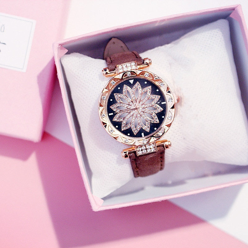 Reloj de mujer con diseño de cielo estrellado, relojes de lujo con diamantes en oro rosa, reloj de pulsera de cuarzo con correa de cuero informal para mujer, reloj femenino zegarek damski