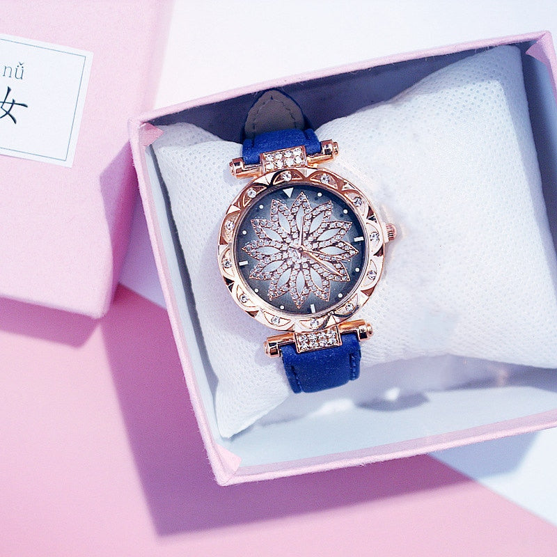 Reloj de mujer con diseño de cielo estrellado, relojes de lujo con diamantes en oro rosa, reloj de pulsera de cuarzo con correa de cuero informal para mujer, reloj femenino zegarek damski