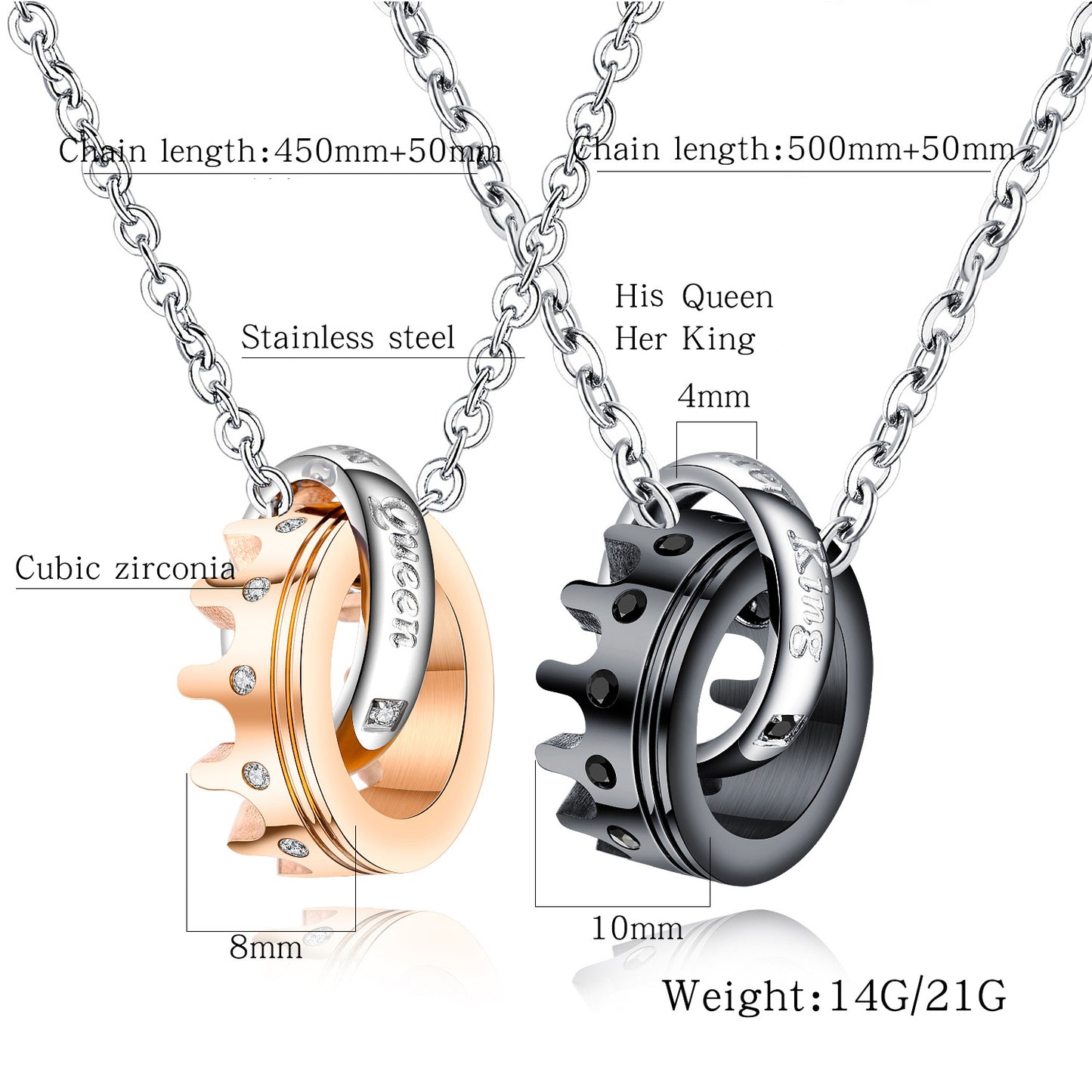 His Queen Her King Titanium Couples Valentine's Day Gift Necklace With Diamond Crown Pendant Tanabata Necklace