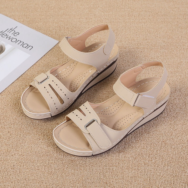 New Type Sandals Womens Flat Bottom Velcro Fish Mouth Thick Bottom Large One Word Strap Sandals