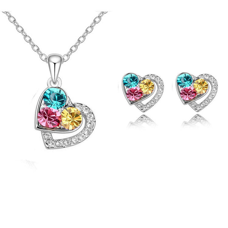 Fashion Women's Earrings Necklace Set Colorful Full Diamond Heart Pendant Necklace Stud Earrings