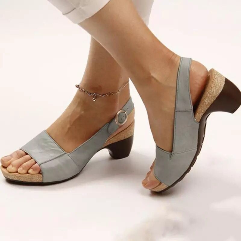 New Summer Medium Heel Thick Bottom Buckle Fish Mouth Sandals Womens Large Heels