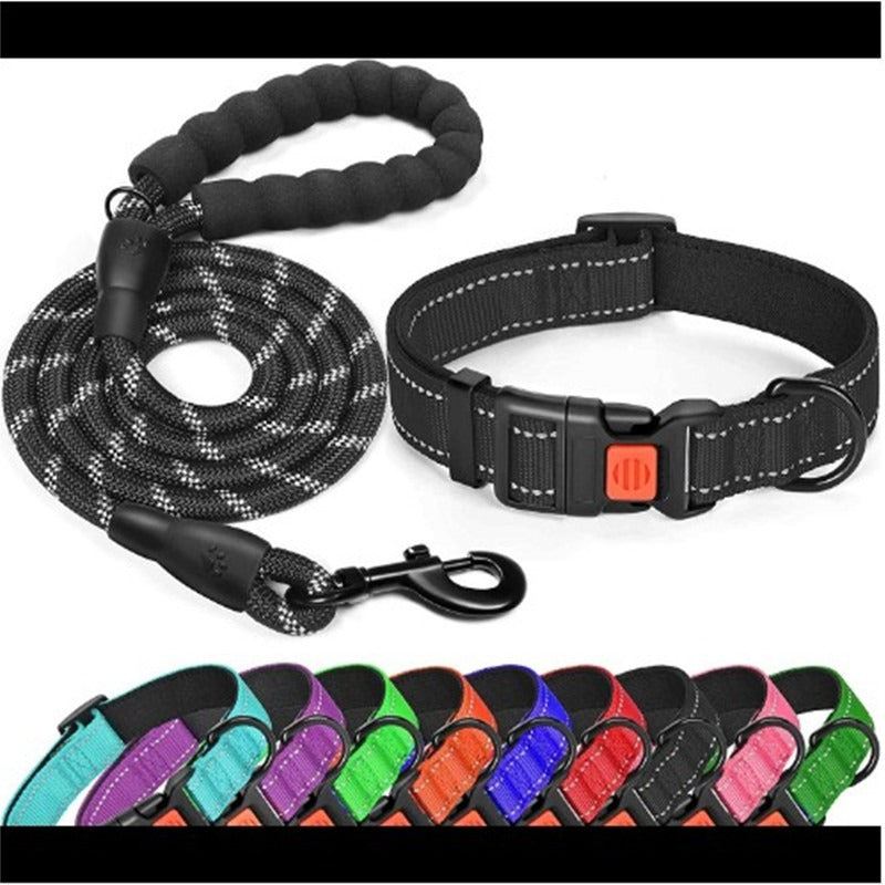 Pet Dog Collar Leash Traction Rope With Adjustable Reflective Nylon Webbing Dog Collar Set