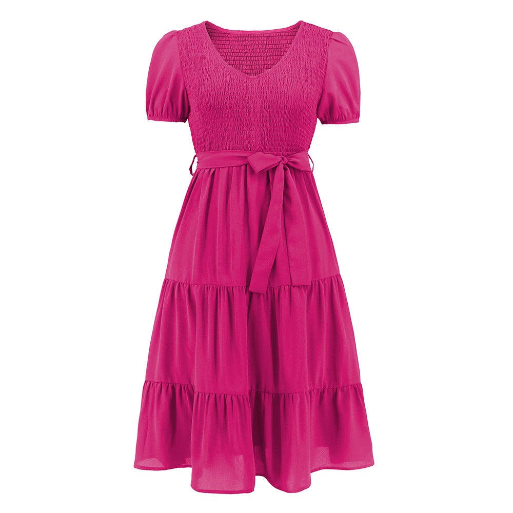 New Summer Women's Round Neck Short-Sleeved Slim Large Hem Splicing Cake Dress Casual Dress