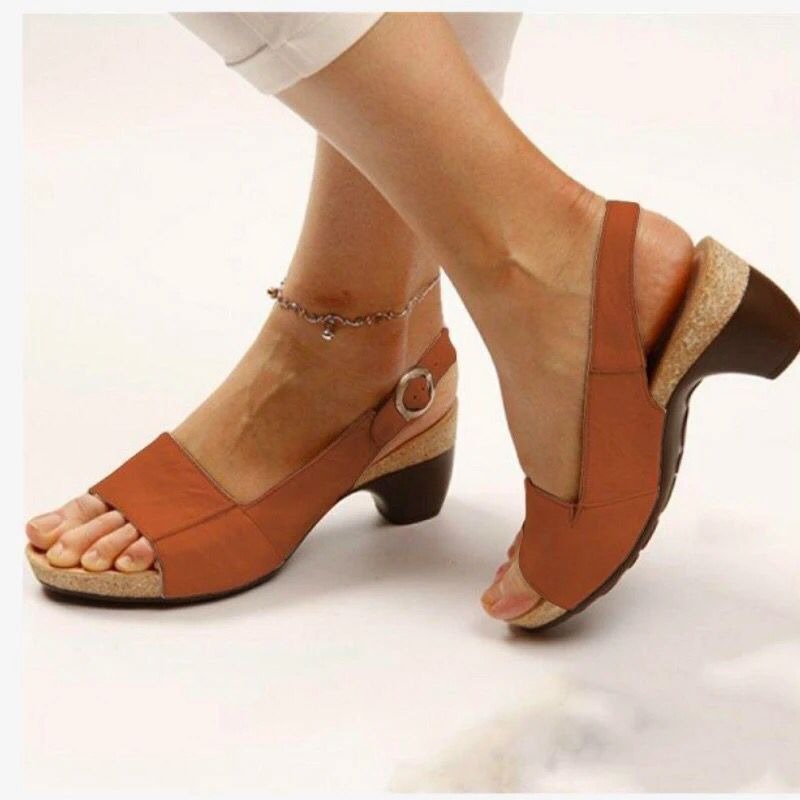 New Summer Medium Heel Thick Bottom Buckle Fish Mouth Sandals Womens Large Heels