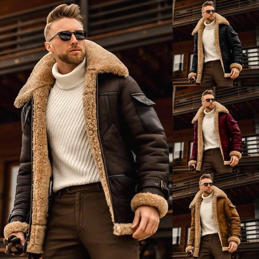 Nueva chaqueta de piel sintética gruesa con cuello de piel integrado para hombre para otoño e invierno