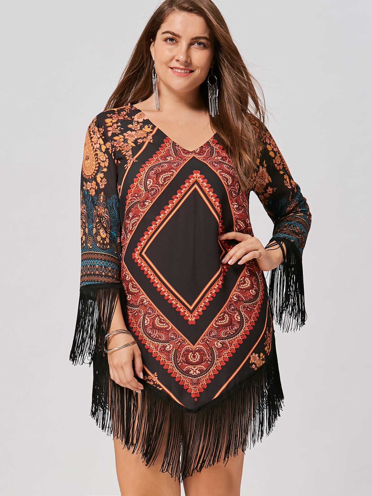 Plus Size Tribal Printed Chiffon Tassel Dress