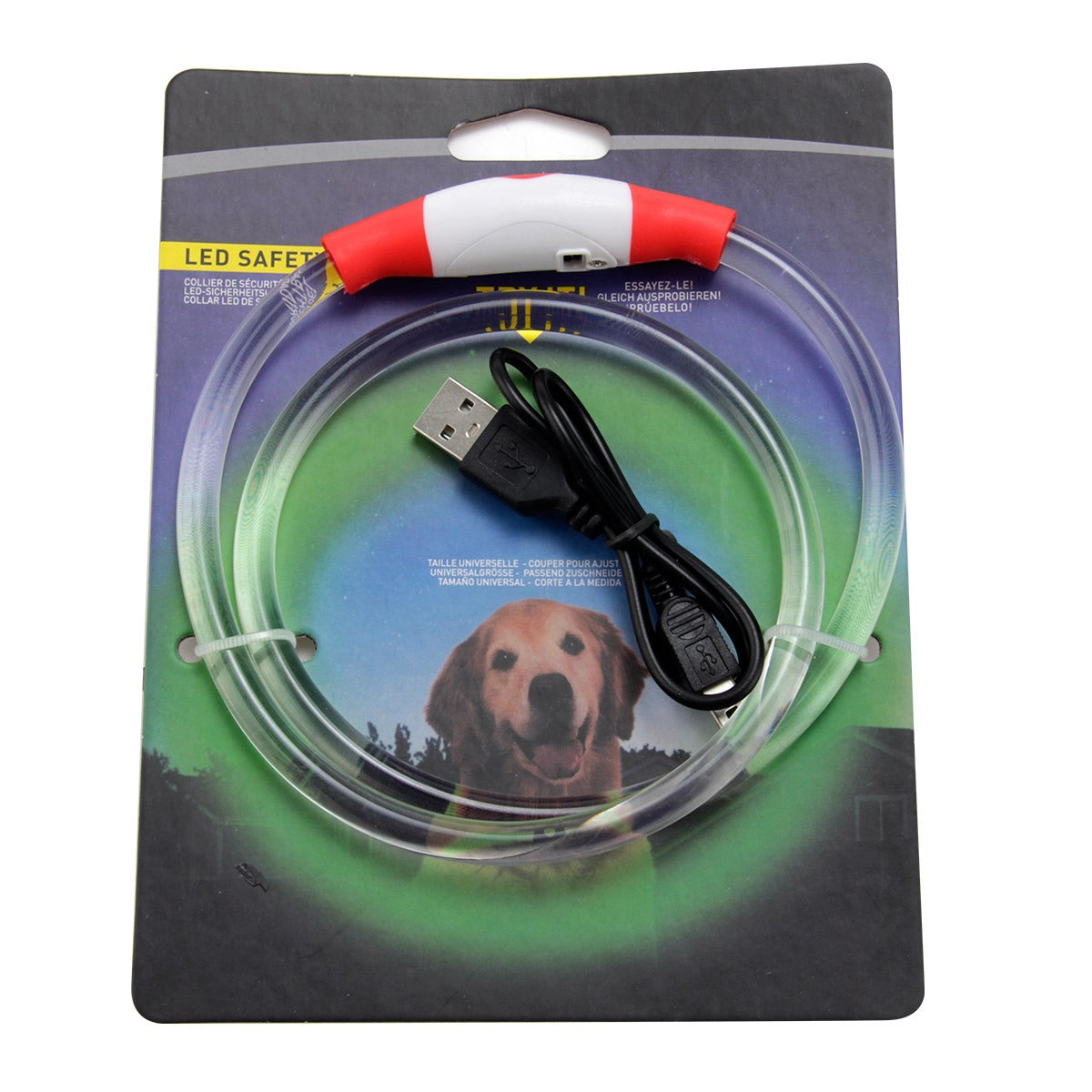 Collar para mascotas con luz LED y carcasa blanca con efecto luminoso general, ajustable libremente, para exteriores, portátil