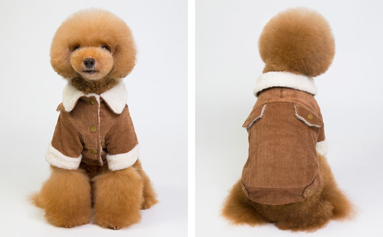 Versión coreana de otoño e invierno, además de chaqueta doble de pana gruesa de terciopelo, abrigo de algodón, ropa de perro de peluche, suministros para mascotas de oso 