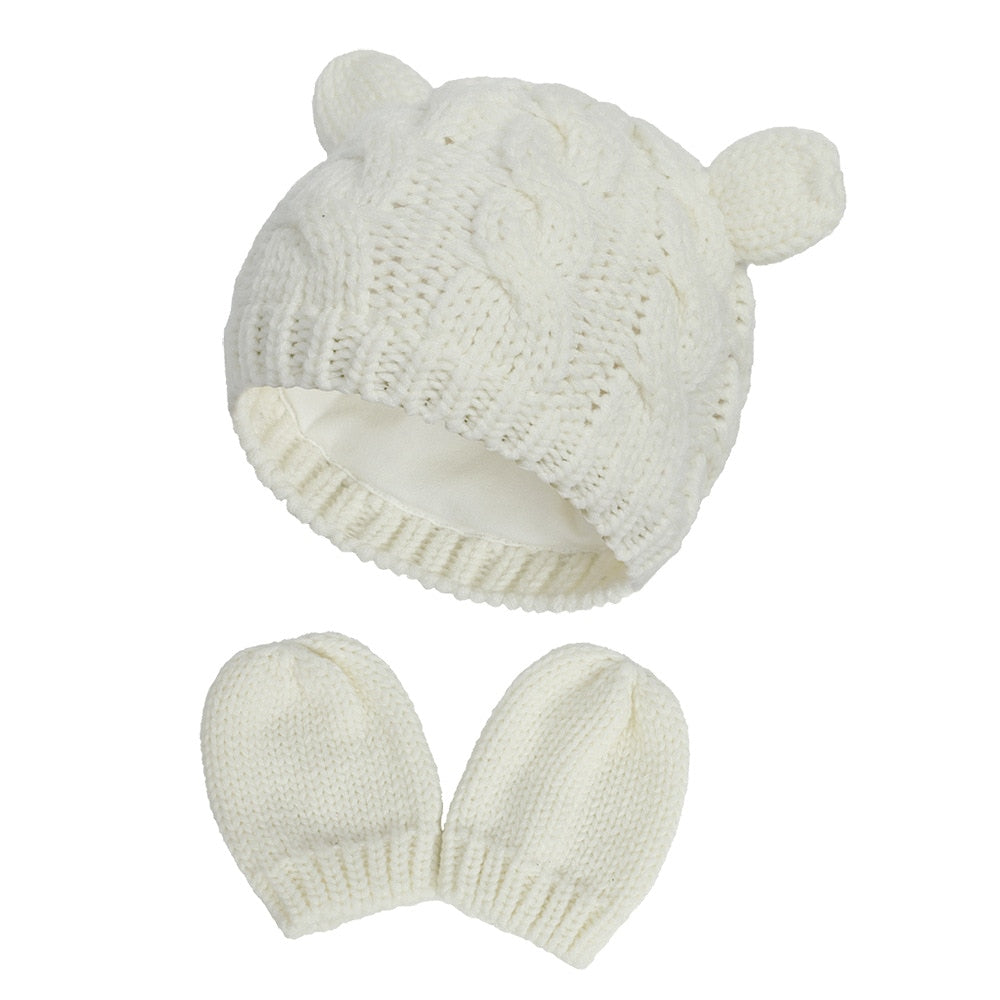 Gorro de punto cálido de invierno para bebés, niñas y niños, con orejas, sólido, cálido, bonito guante, 2 piezas, gorro encantador de 0 a 18 meses