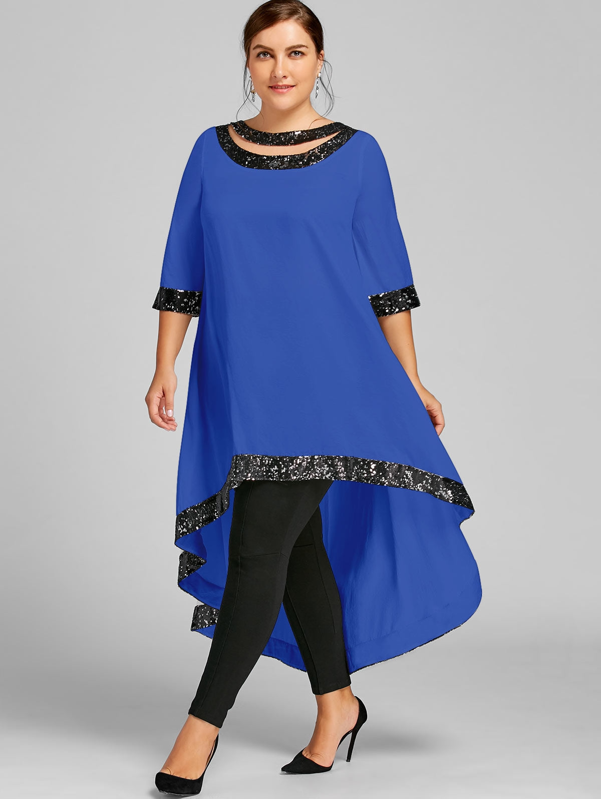 Plus Size Sequined Trim Dip Hem Dress