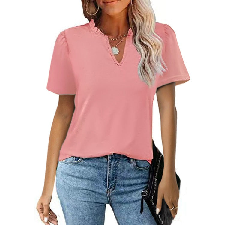 New Women's Dress Popular Wooden Ear Edge V-Neck Pleated Casual Short Sleeve T-shirt