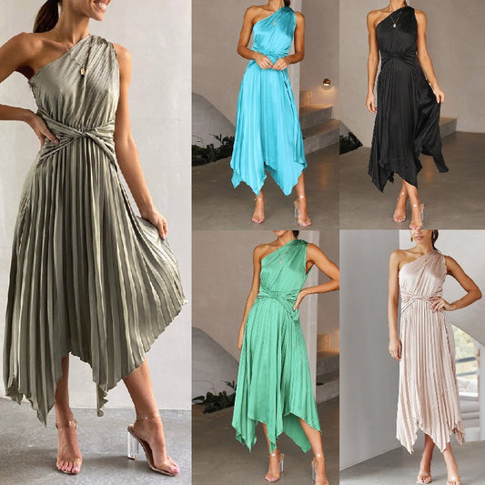 Summer Sexy Temperament Women's Solid Color Pressure Fold Large Hem Type Party Nightclub Dress