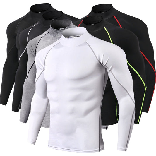 Camiseta deportiva de manga larga con cuello alto para hombre, para correr, para otoño e invierno, elástica, de secado rápido, con cuello alto 