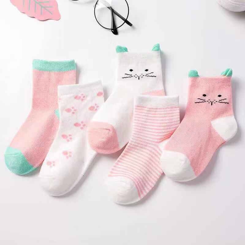 5 pares/lote de calcetines de punto de algodón suave con dibujos de gatos y animales para primavera y otoño para bebés, niños, recién nacidos, niñas y niños de 0 a 6 años