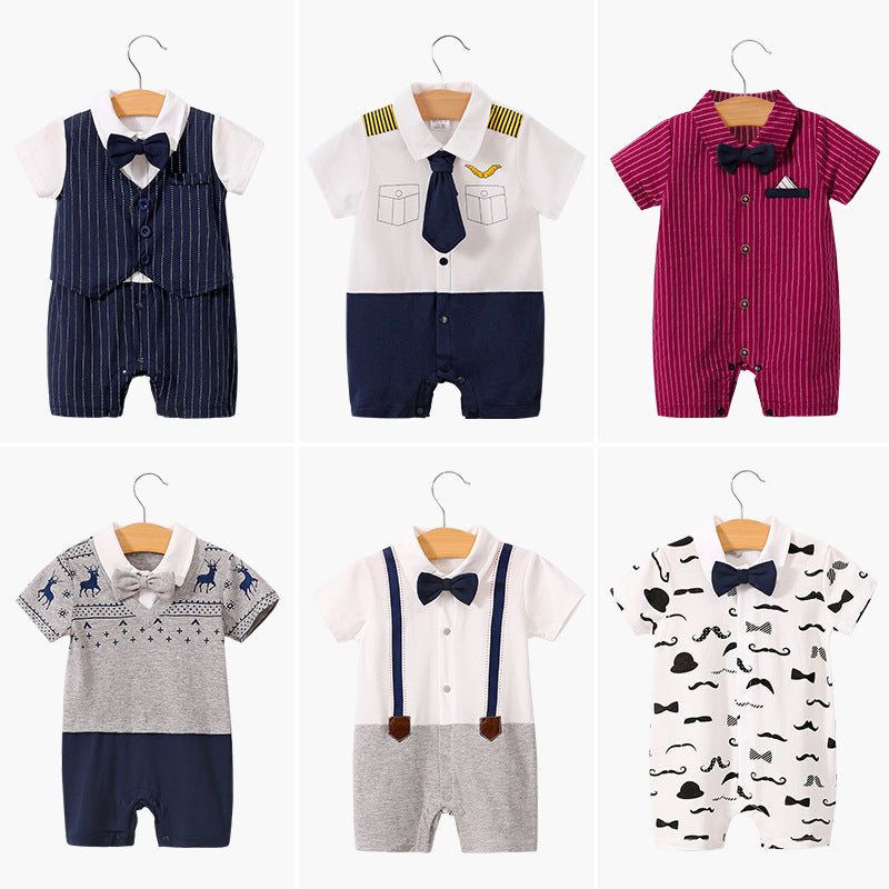 Baby Bodysuit Summer Short Sleeve Baby Full Moon Clothing Newborn Thin Gentleman Romper Creeper