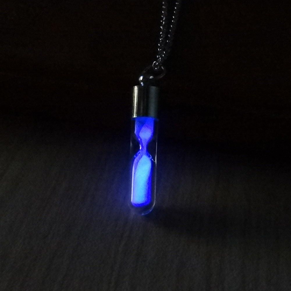 Glow In The Dark hourglass Necklace Glass Pendant Necklace Silver Chain Luminous Jewelry