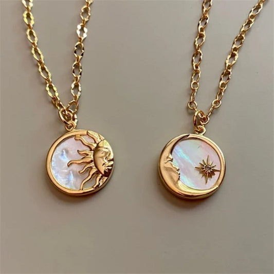 New Sun Moon Necklace Womens European and American Brass Plated 14K Real Gold Inlaid Diamond Starlight Collar Chain