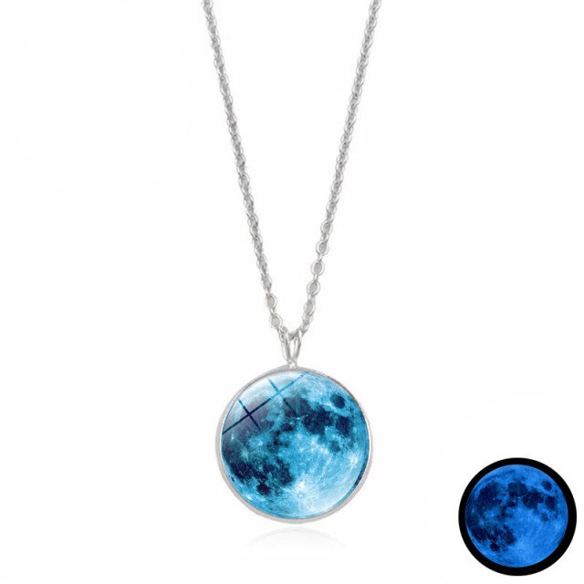 Glow In The Dark Moon Necklace 14mm Galaxy Planet Glass Cabochon Pendant Necklace Silver Chain Luminous