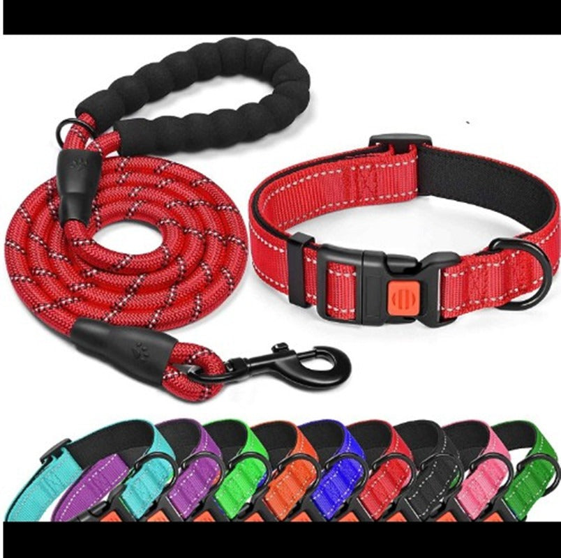 Pet Dog Collar Leash Traction Rope With Adjustable Reflective Nylon Webbing Dog Collar Set