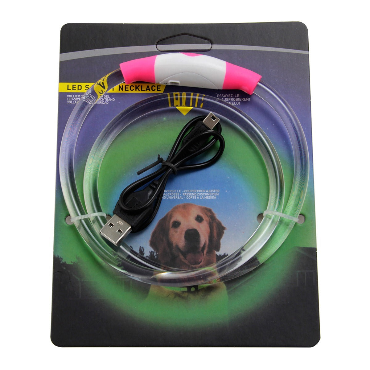 Collar para mascotas con luz LED y carcasa blanca con efecto luminoso general, ajustable libremente, para exteriores, portátil