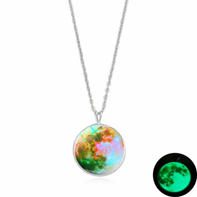 Glow In The Dark Moon Necklace 14mm Galaxy Planet Glass Cabochon Pendant Necklace Silver Chain Luminous