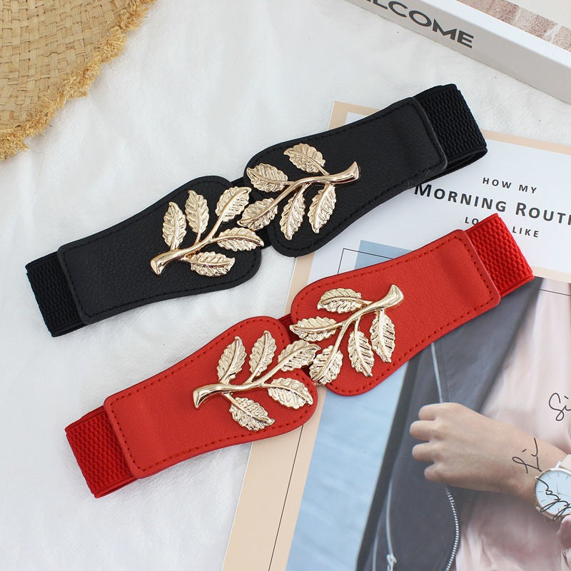 New Dress Decorative Belt Women Simple Elastic Waist South Korean Small Leaves Buckle Elastic Thin Waist Cover