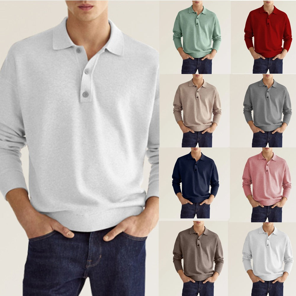 Polo informal de manga larga con cuello en V y botones para hombre de otoño