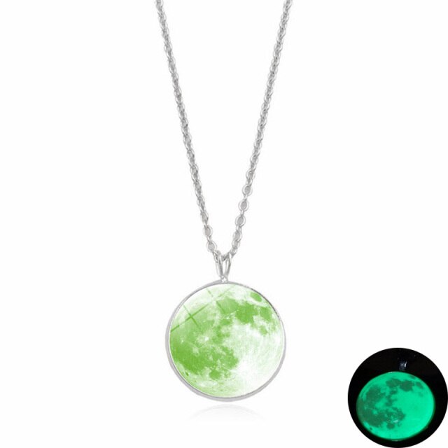 Glow In The Dark Moon Necklace 14mm Galaxy Planet Glass Cabochon Pendant Necklace Silver Chain Luminous