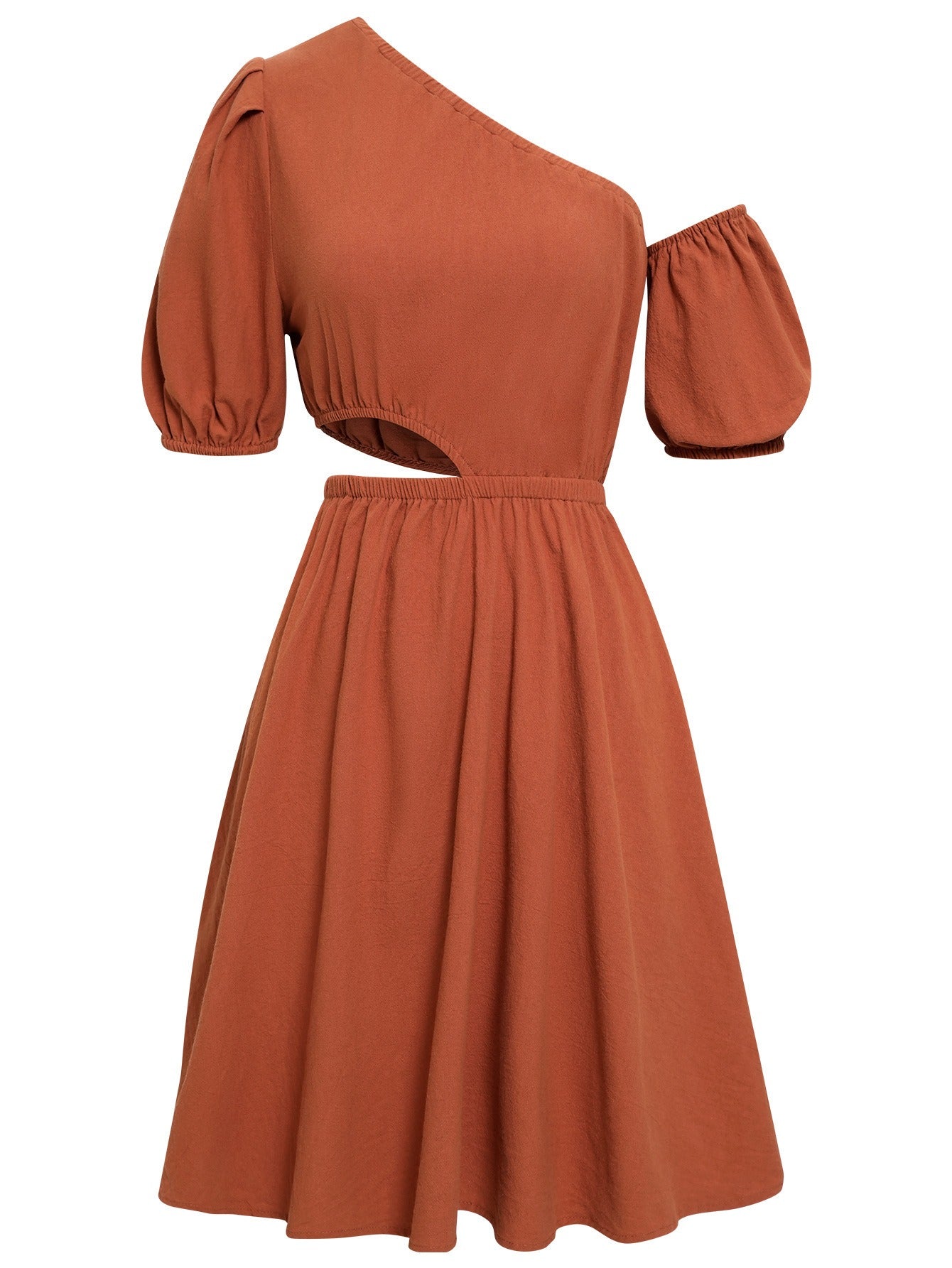 Spring And Summer New Women's Casual Oblique Collar Hollow Solid Color Waist Dress